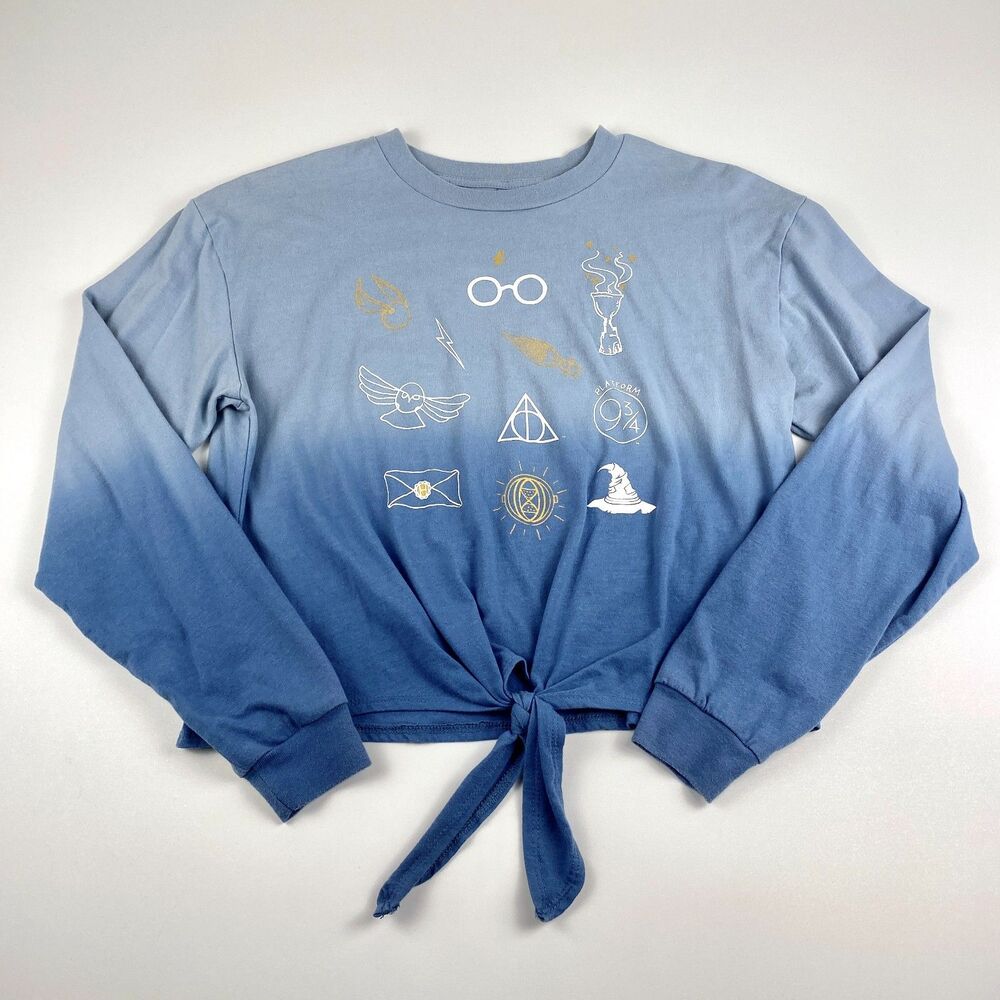 Harry Potter Women S Blue Ombre Long Sleeve Tie Front Hem Graphic Crop T-Shirt